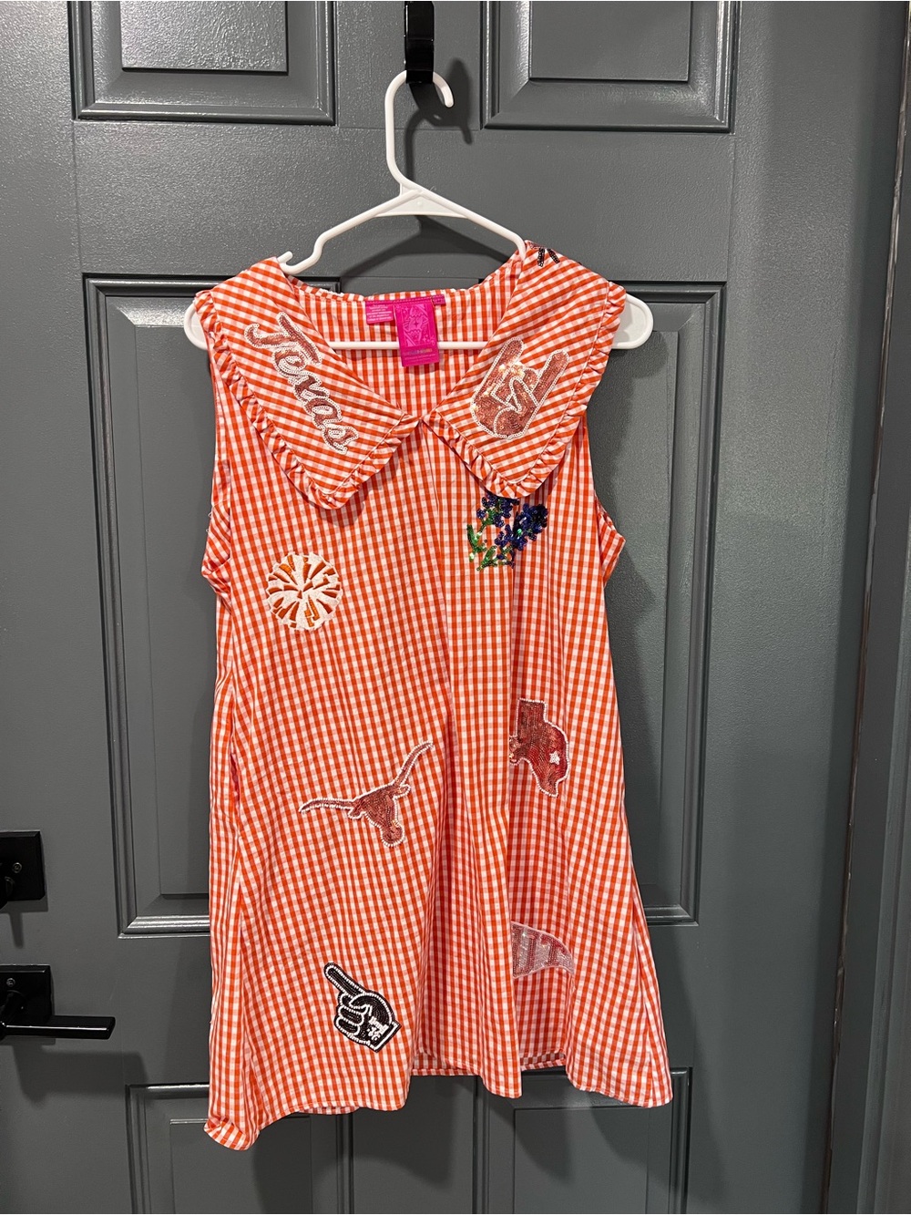 QUEEN OF SPARKLES Orange Gingham UT Longhorns Patch Dress